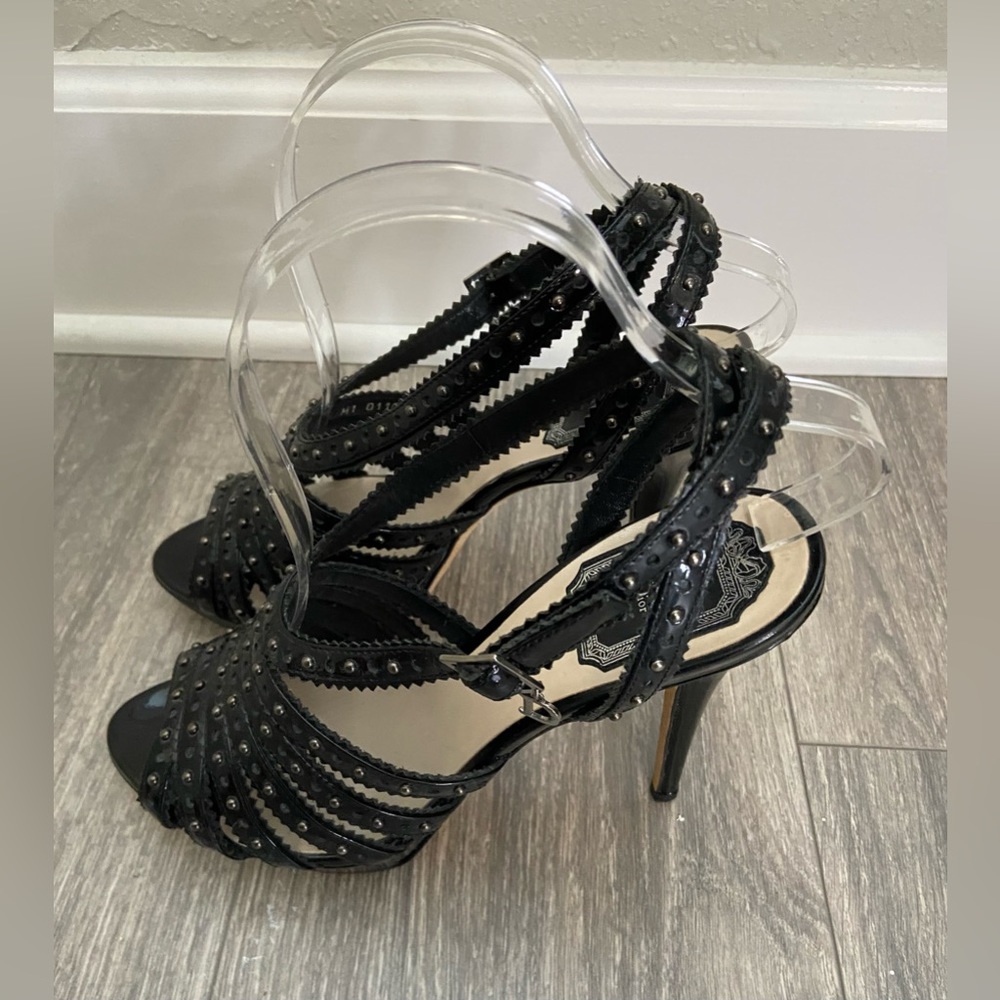 C. Dior Bonnie Black Leather Studded Open Toe Platform High Heels Size 38/ 7 - Picture 4 of 14